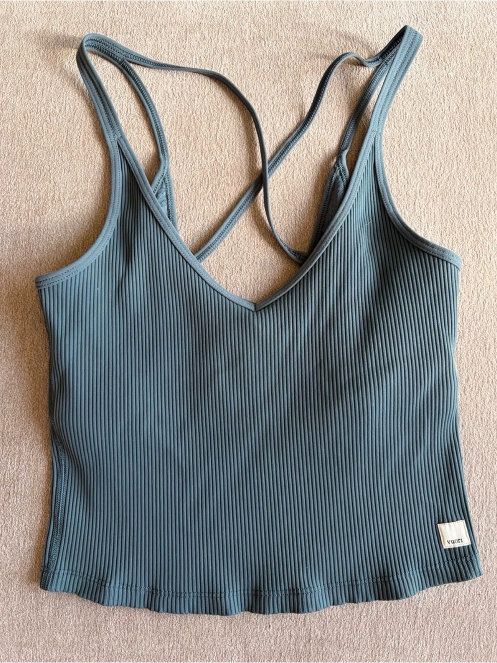 Vuori Ribbed Strappy Crop Top in Teal